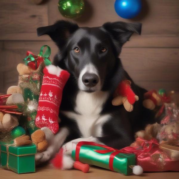 Dog Enjoying Christmas Stocking