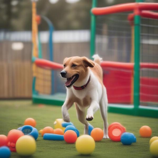 Happy dog playing with other dogs at a dog day care centre in Whitley Bay.