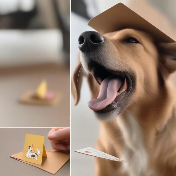 A dog cautiously enjoying a small piece of an edible card.