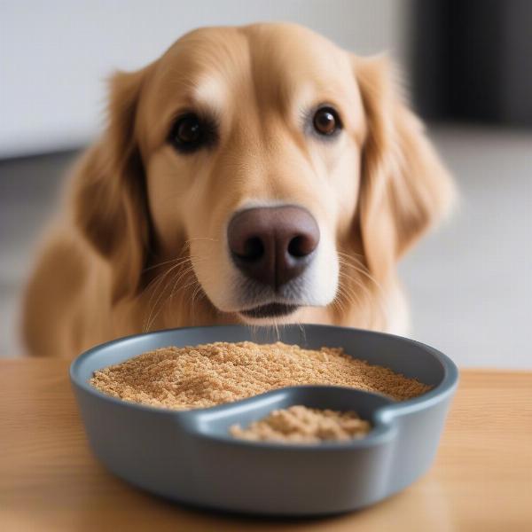 A happy dog enjoying a meal topped with delicious and healthy ingredients in the UK