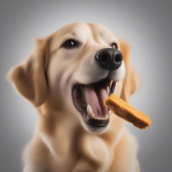 A dog happily enjoying a freeze-dried chicken treat