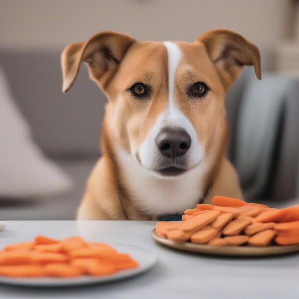 A dog happily eating healthy dog treats like carrots and dog biscuits.