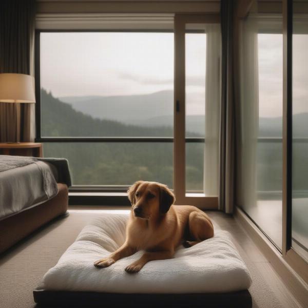 Dog relaxing in a hotel room in Taunton