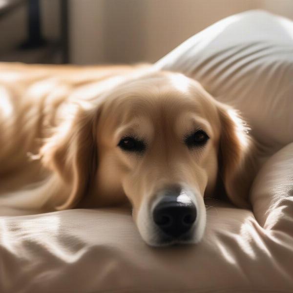 Dog Enjoying Hotel Stay: A happy golden retriever relaxes on a dog bed in a hotel room, looking content and comfortable.