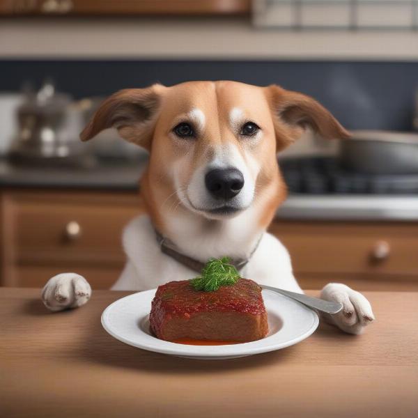 A happy dog eating meatloaf