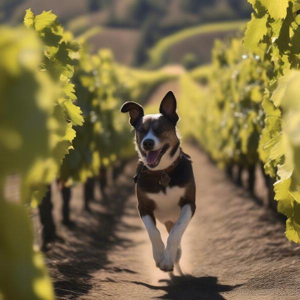 A happy dog exploring the vineyards of Napa Valley.