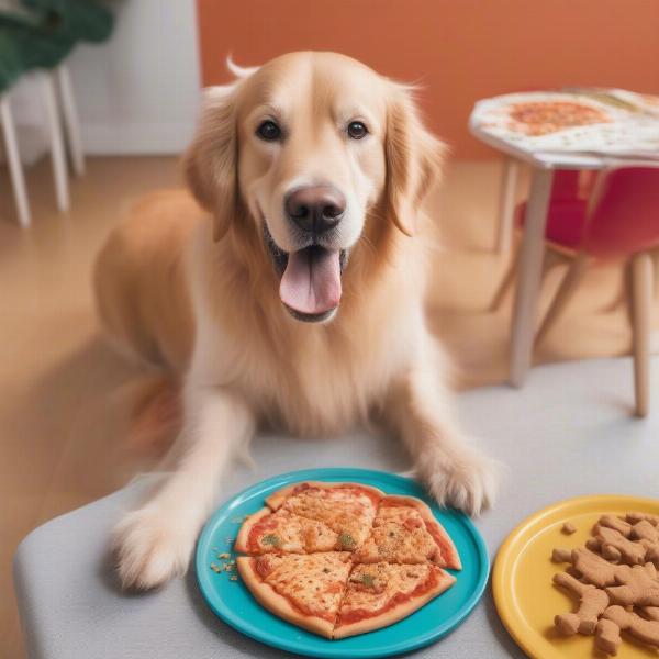 A happy dog enjoying a slice of dog-friendly pizza