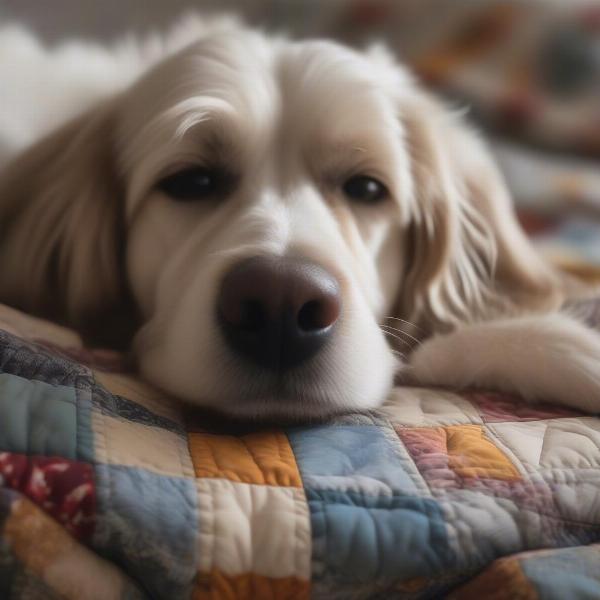 Dog enjoying a cozy quilt