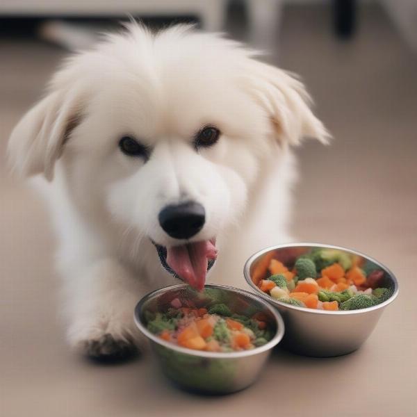 A happy dog eating a raw food meal