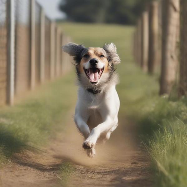 Dog running freely in a field