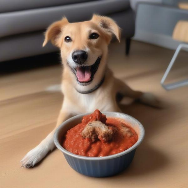 Dog enjoying sausage with tomato sauce