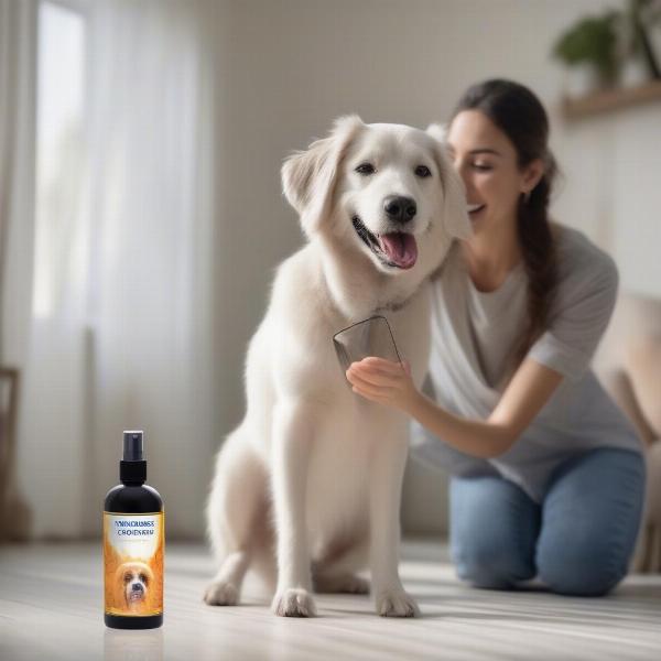 Dog enjoying being spritzed with a dog-friendly cologne