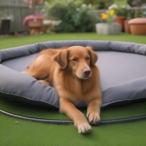 Dog happily lounging on a trampoline dog bed