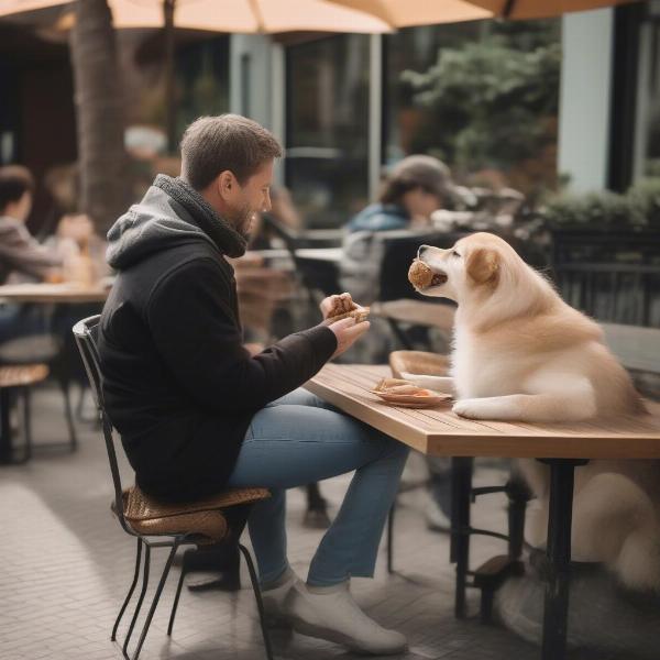 A dog enjoying a treat at a restaurant