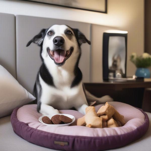 A dog enjoying a treat in a Tunbridge Wells hotel room.