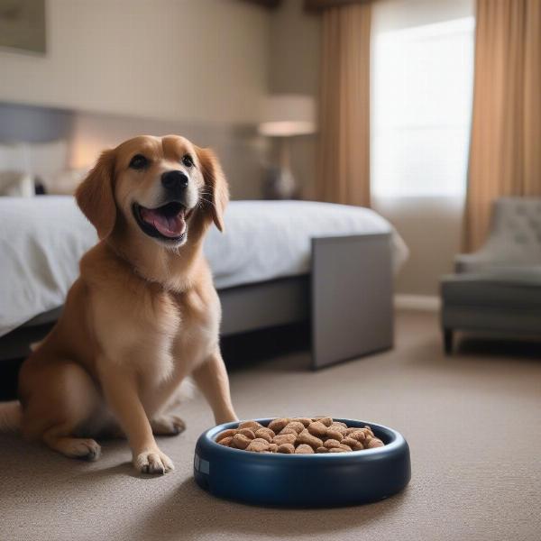 Dog enjoying a treat in a Solvang hotel room