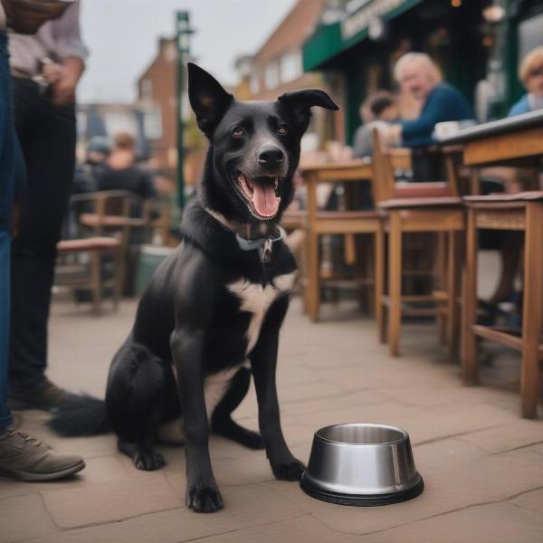 A dog enjoying a bowl of water at a dog-friendly pub