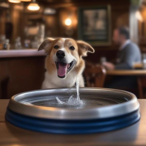 A dog enjoying a water bowl at a Pickering pub, highlighting the importance of amenities for canine companions.