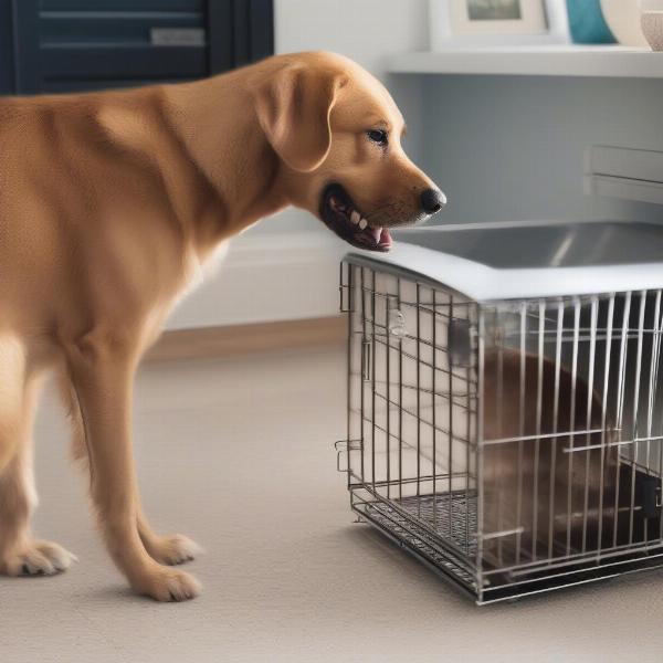 Dog being lured into a crate with treats