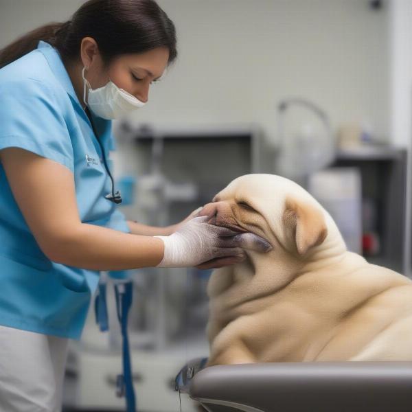 Dog Undergoing Veterinary Exam for Facial Swelling