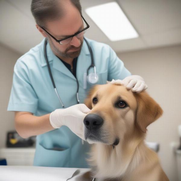 Veterinarian examining a dog with facial droop