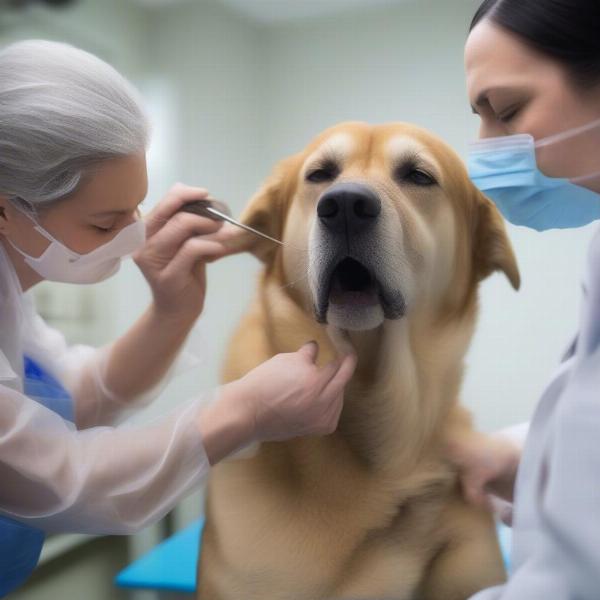 Veterinarian examining a dog with facial paralysis