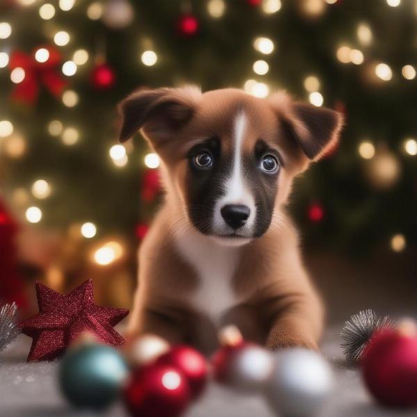 Dog looking curiously at a decorated Christmas tree