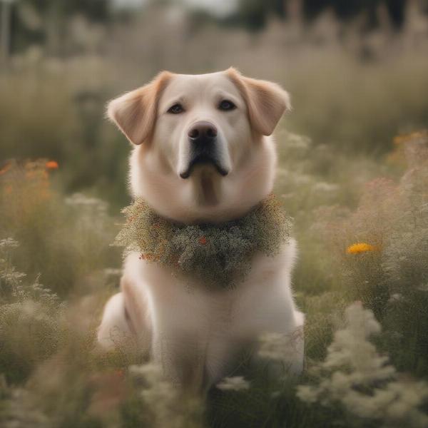 Dog wearing a rustic flower collar at a wedding