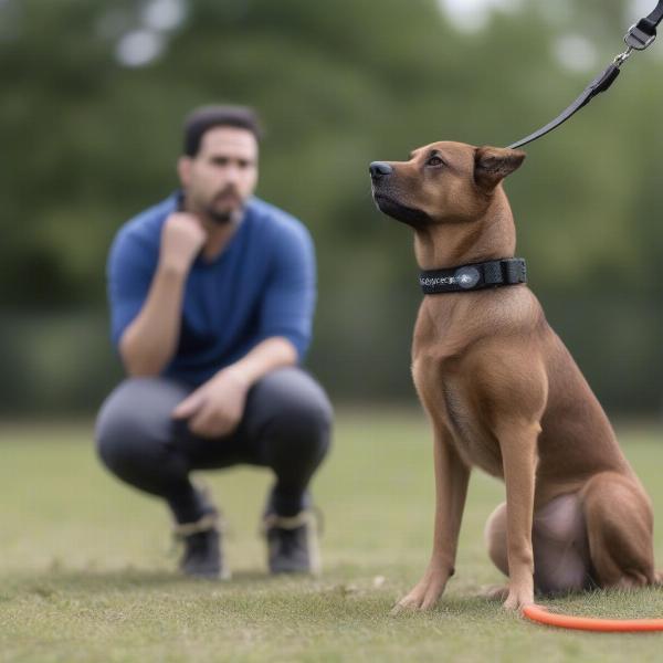 Dog focusing on owner during vibration collar training