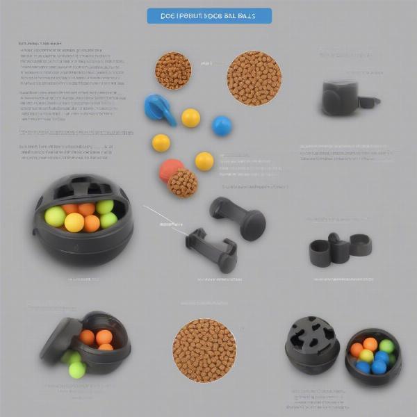 Various dog food balls showcasing different sizes, materials, and difficulty levels