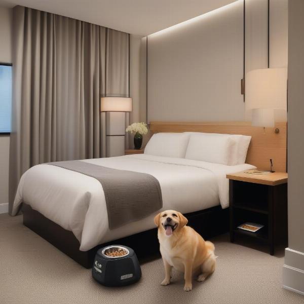 Dog-friendly hotel room in Canberra with a dog bed and water bowl