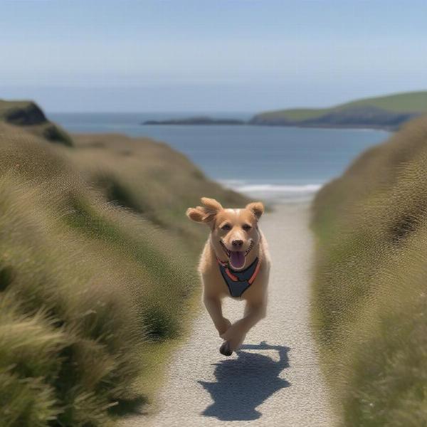 Dog enjoying a coastal walk in Anglesey.