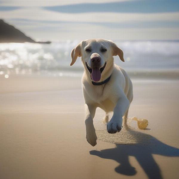 A dog running and playing fetch on a sandy beach along the NSW South Coast, with the ocean in the background. The dog is a Labrador Retriever.