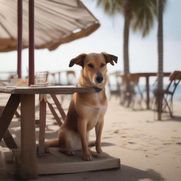 Dog enjoying a meal at a beachside restaurant