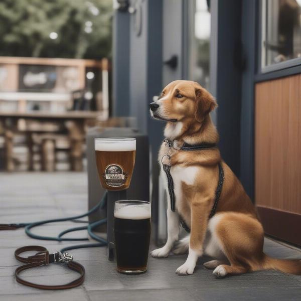 Dog enjoying a brewery patio with its owner