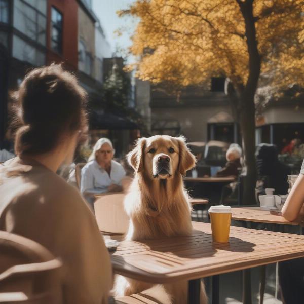 Dog enjoying a patio at a dog-friendly cafe in Montreal