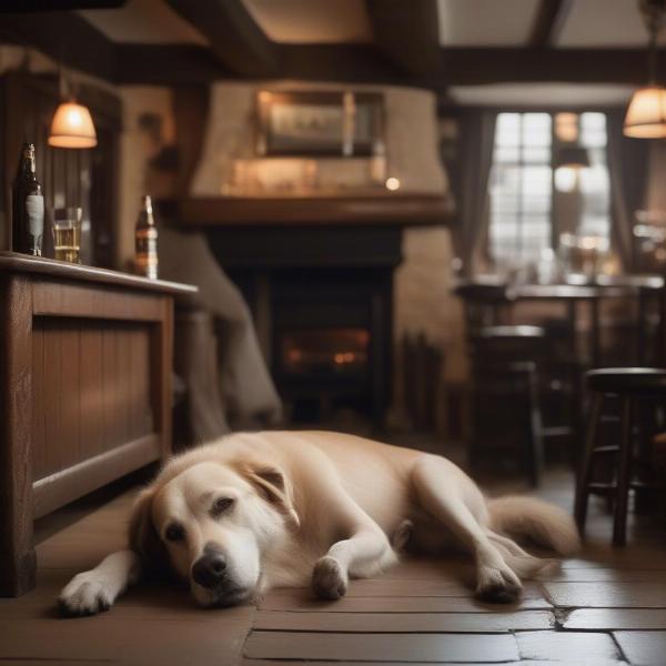 A dog relaxing at the feet of its owner at a dog-friendly pub in the Cotswolds.