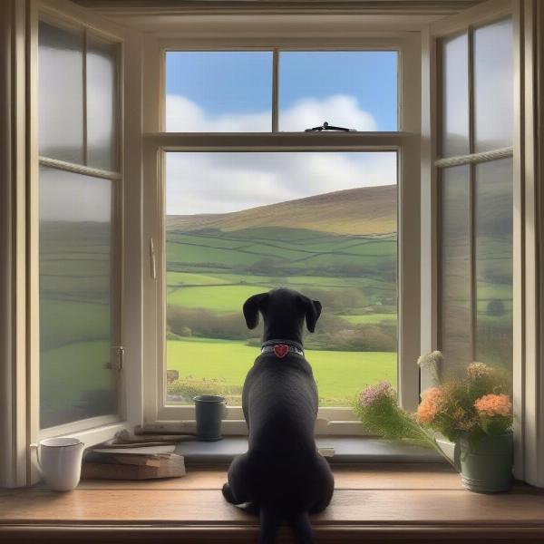 Dog-friendly cottage in the Peak District, Derbyshire, with a dog looking out the window.