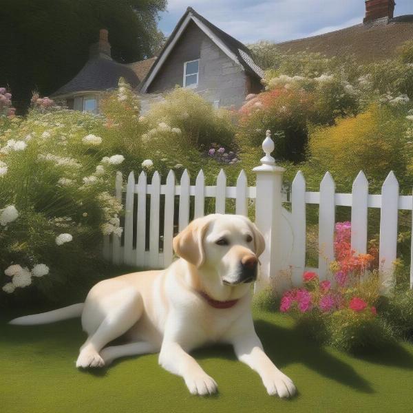 A dog relaxing in the garden of a dog-friendly cottage on the South Coast.