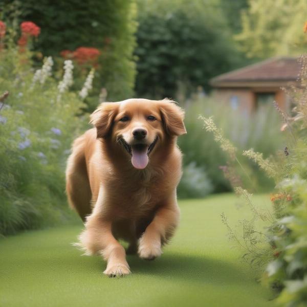 Dog enjoying the enclosed garden of a cottage in Hampshire.