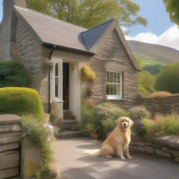 Dog friendly cottage in Keswick with a dog sitting on the porch enjoying the view.