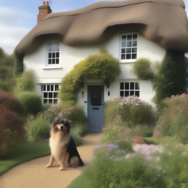 Dog-friendly cottage in Suffolk with a dog relaxing on the porch.