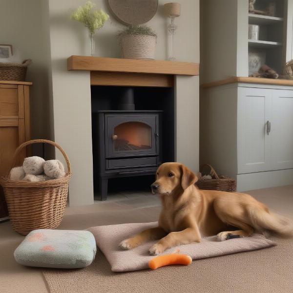 Cozy interior of a dog-friendly cottage in Whitby with dog bed and toys.