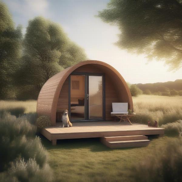 Dog-friendly glamping pod with a fenced-in area and outdoor seating.