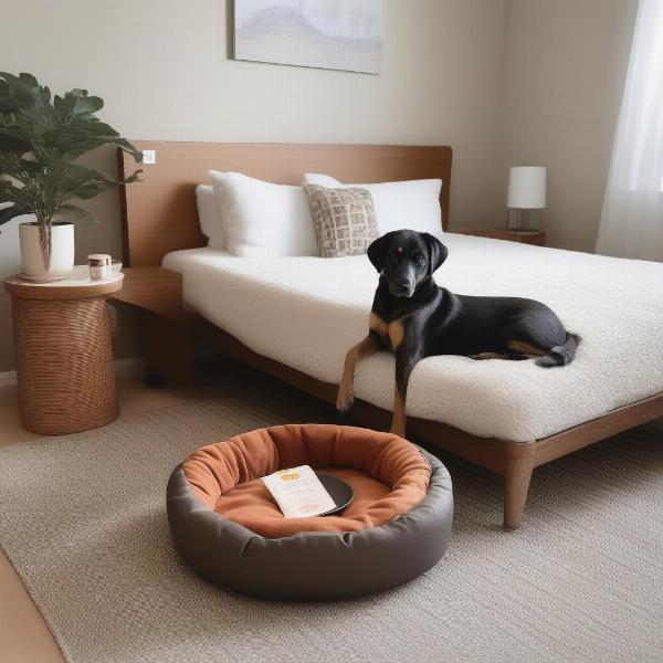 Dog-Friendly Hotel Amenities: A dog enjoys a comfortable bed, water bowl, and treats in a hotel room.