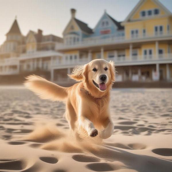 Dog enjoying the beach in front of a dog-friendly hotel in Cape May