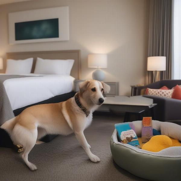 Dog-friendly hotel room with dog bed and amenities