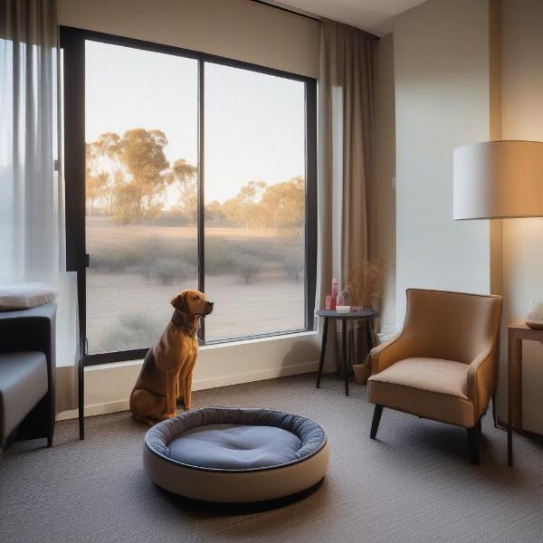 Dog-friendly hotel room in Echuca Victoria with a dog bed and water bowl.