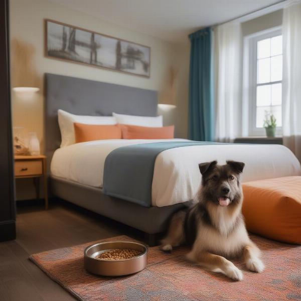 Dog-friendly hotel room in Exeter with a dog bed and water bowl