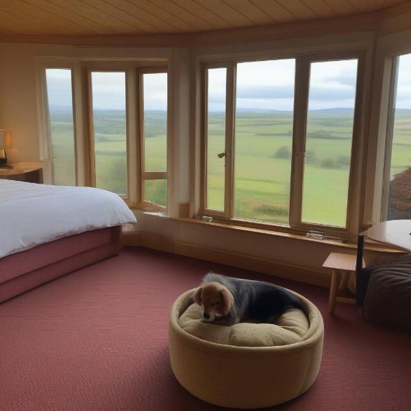 Dog-friendly hotel room in Fife, Scotland with a dog bed and water bowl.